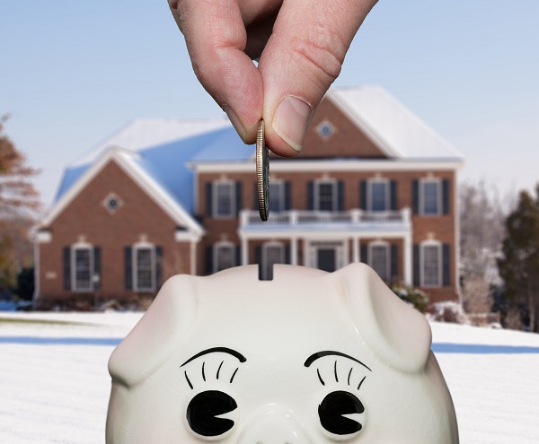 piggy bank in front of houses